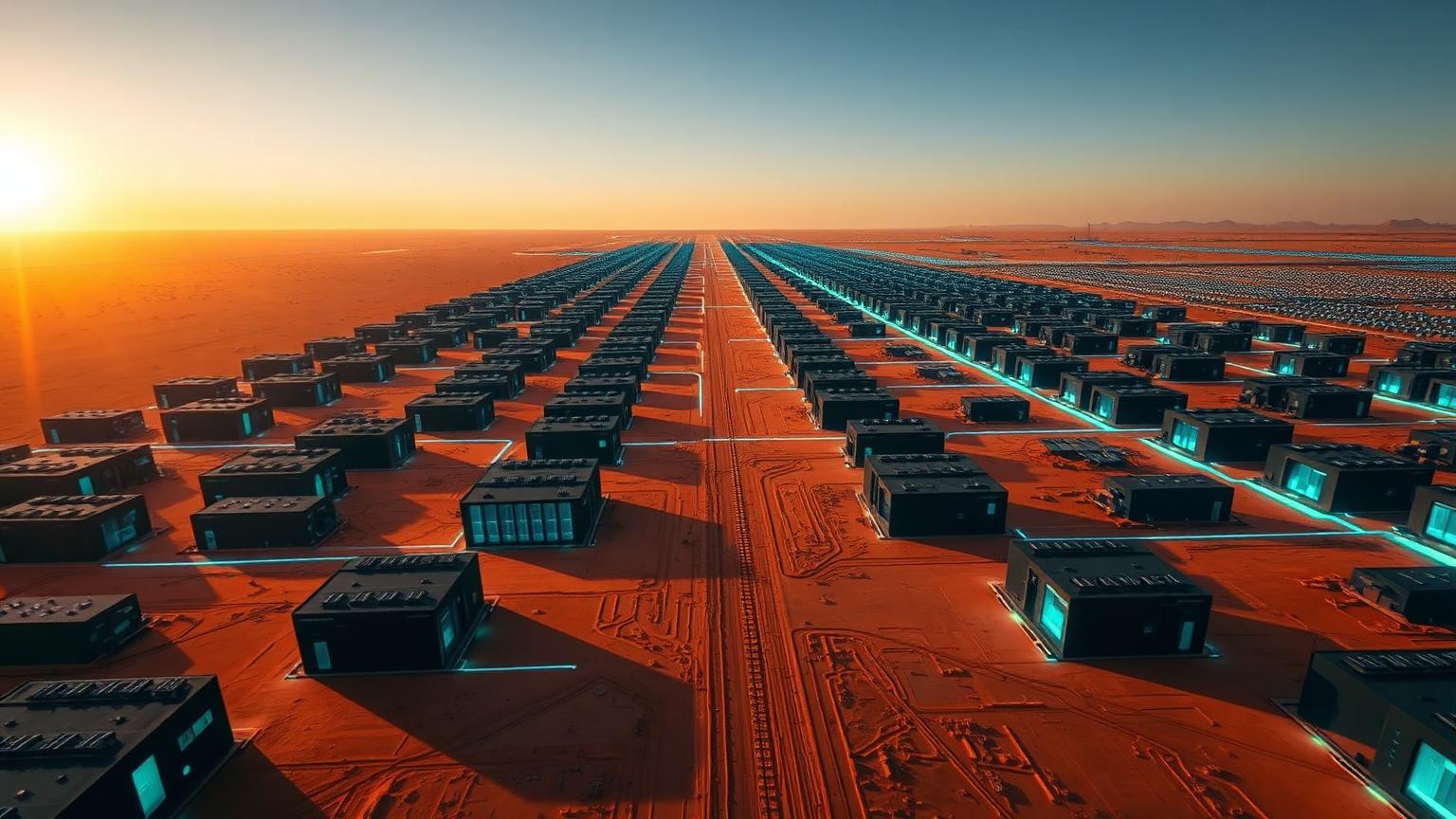 A grid of matte-black compute halls stretching across the desert at golden hour.