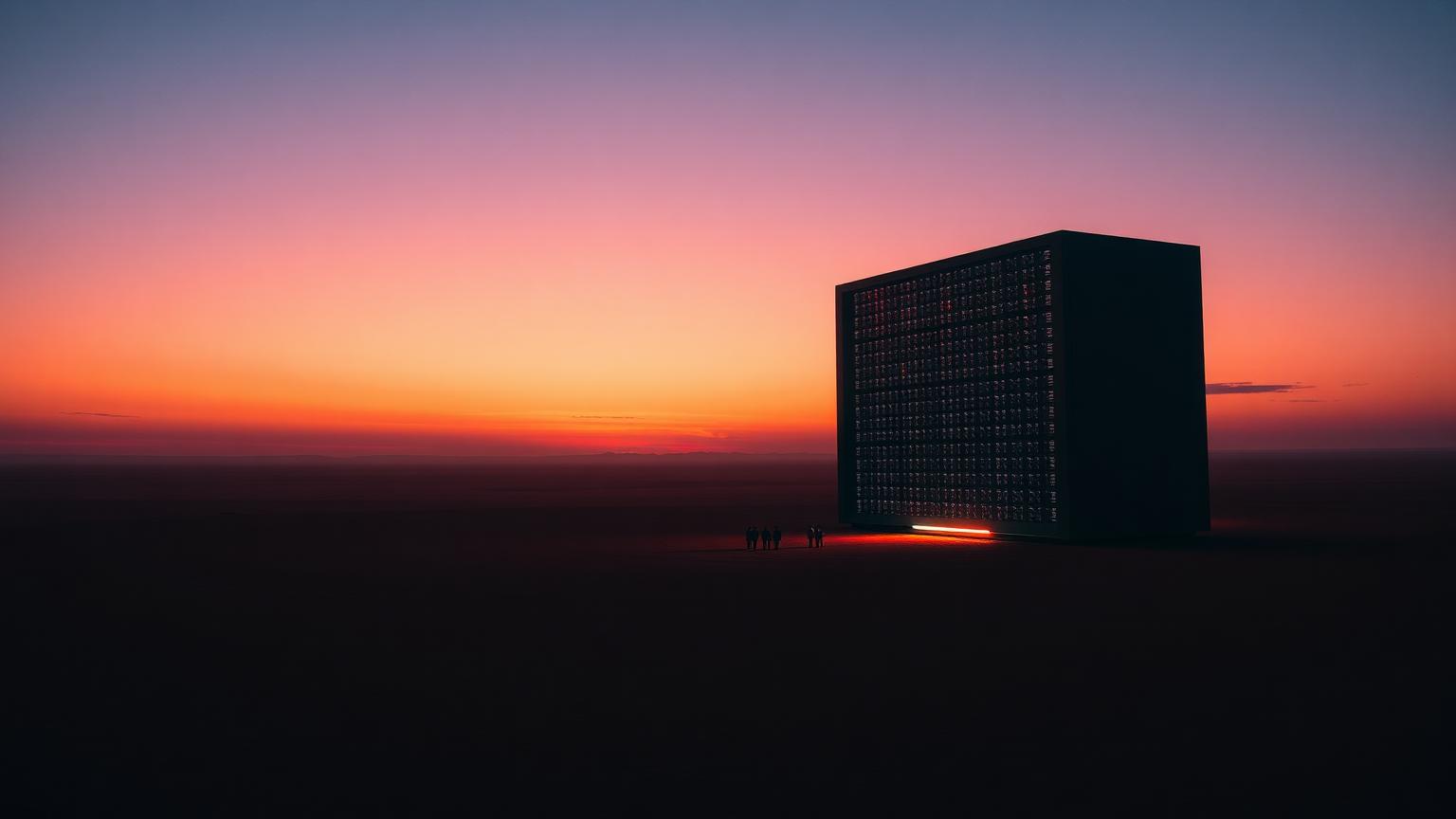 The obsidian data-centre monolith at dusk, seen again in evening light.
