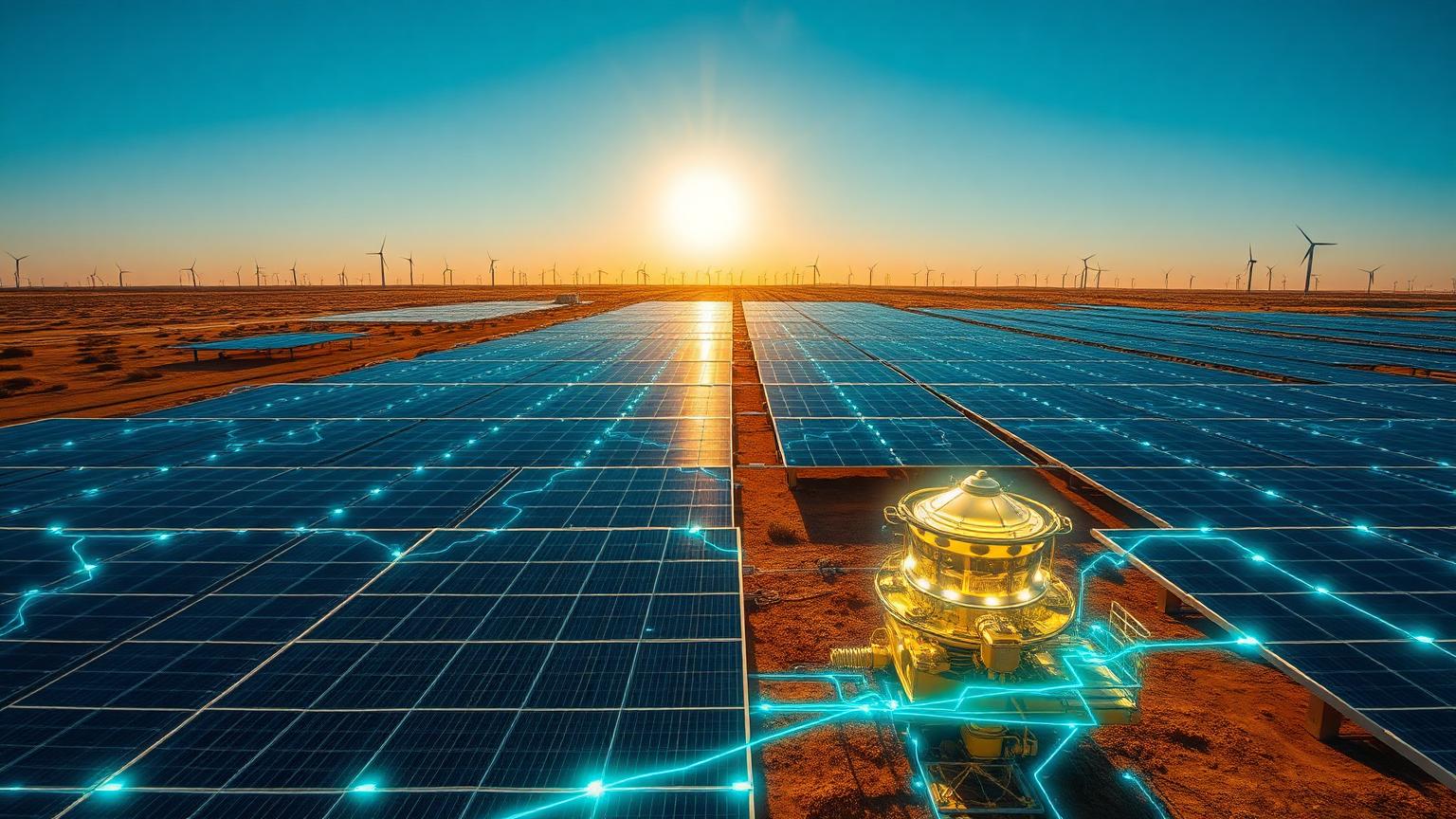 A vast solar field with wind turbines and a hydrogen electrolyser at sunrise.