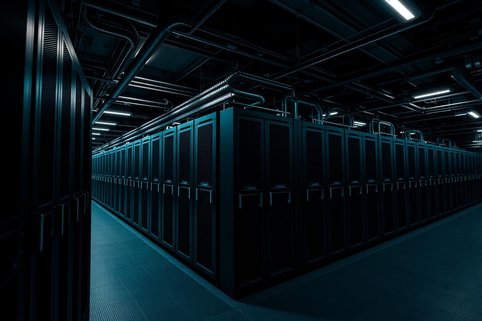 Interior of a high-density liquid-cooled AI data hall with rows of compute racks