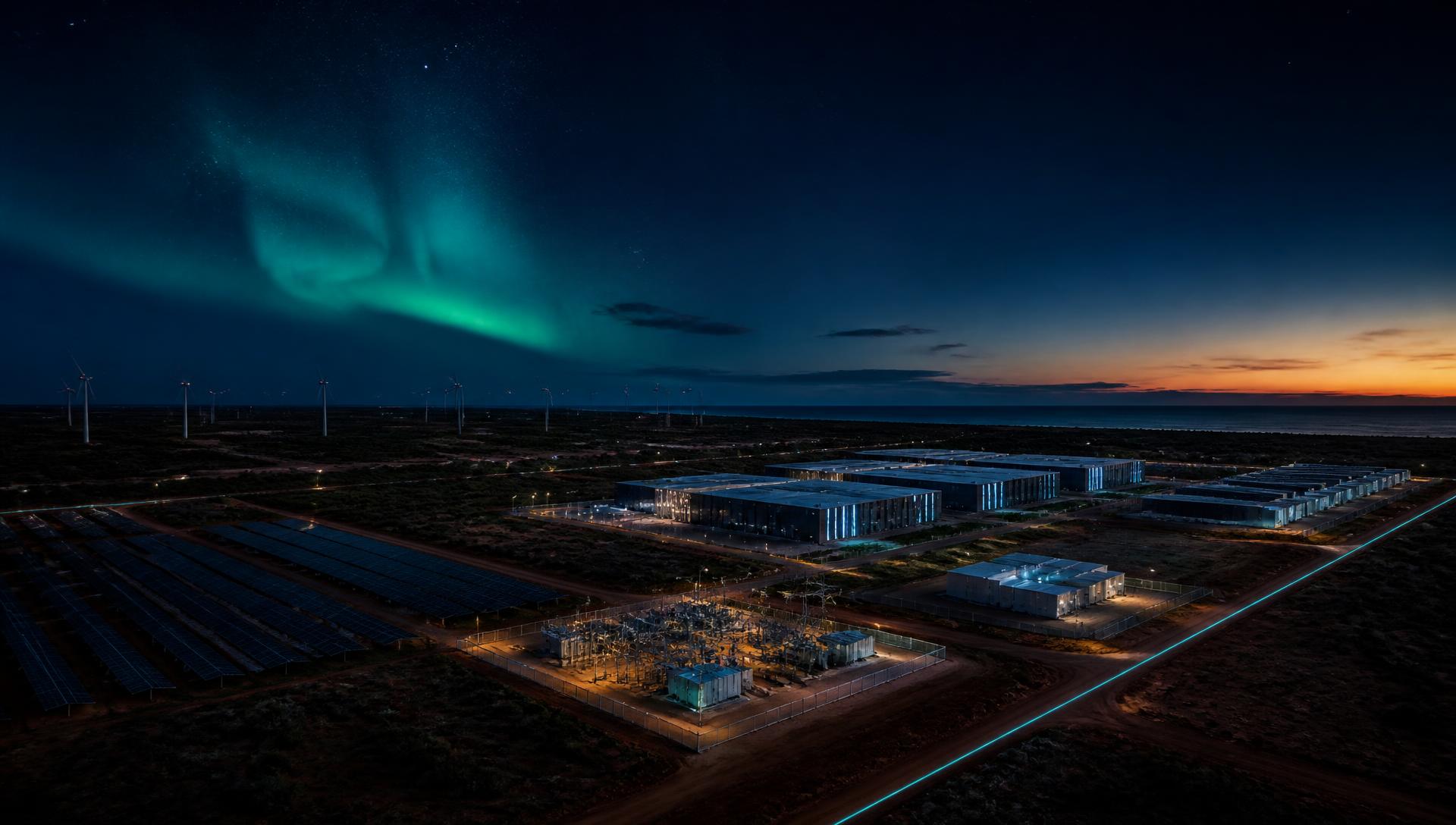 Aerial view of a planned sustainable AI compute campus in Western Australia at dawn