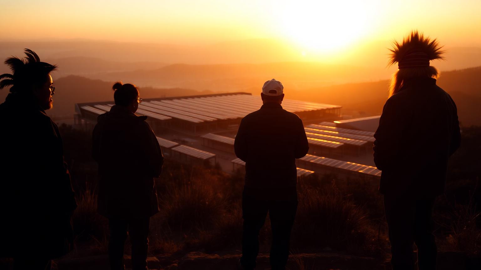Silhouettes of Indigenous elders and engineers at sunrise above a compute campus.