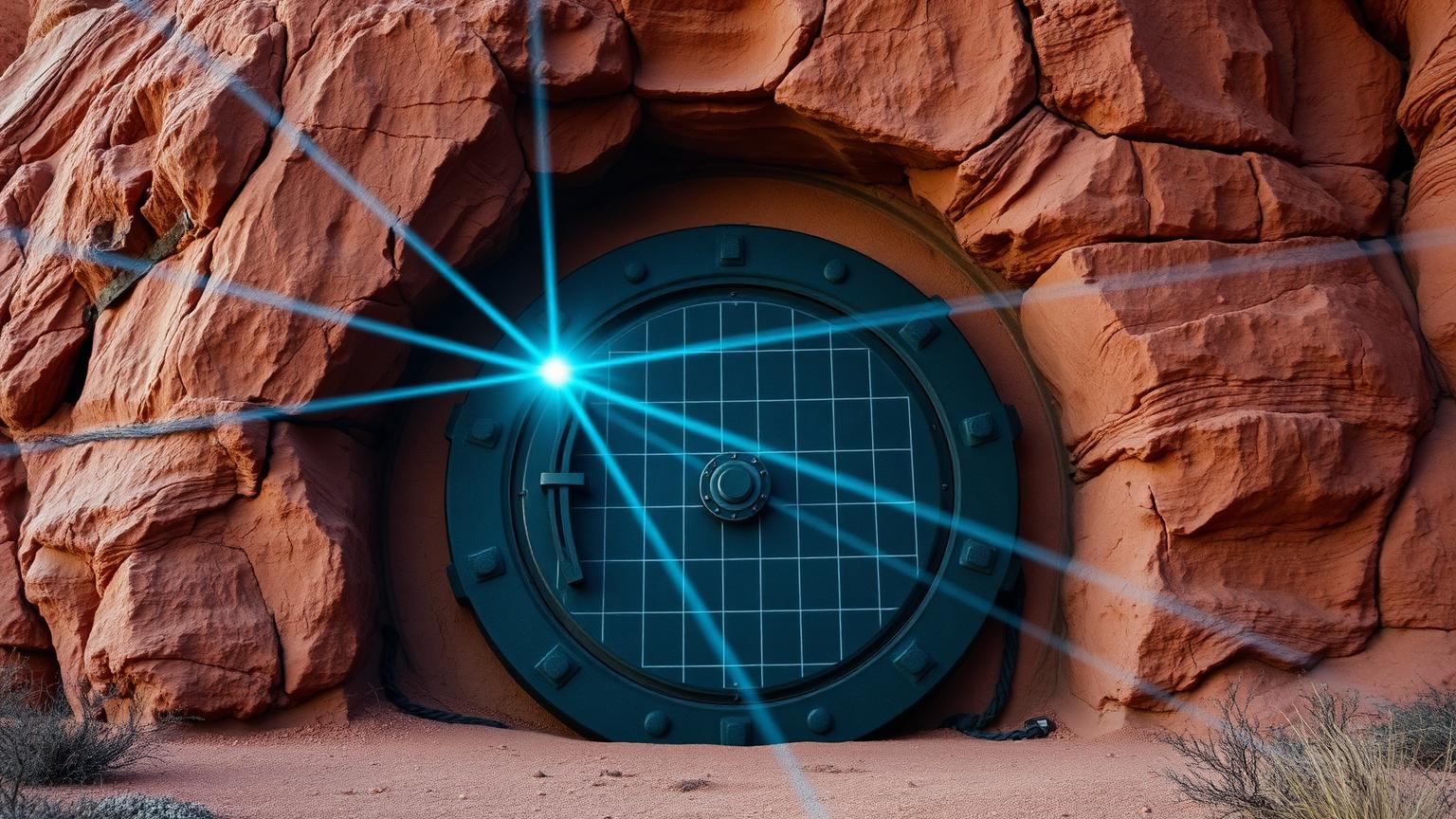 An obsidian vault door set into a red rock cliff, cyan laser grid across its face.