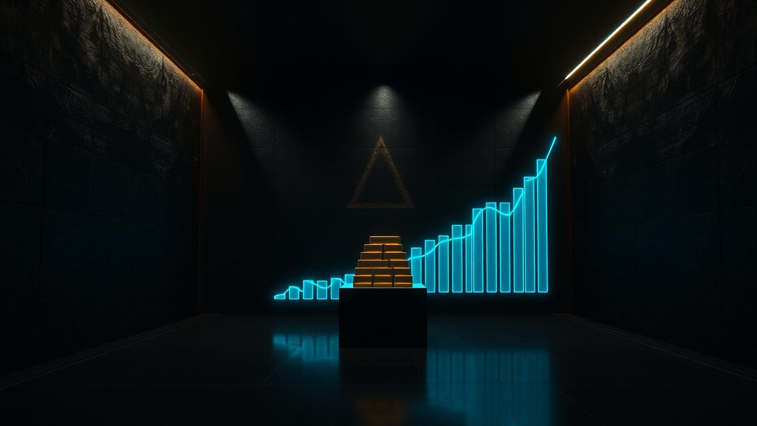 A dark obsidian vault interior with a rising cyan revenue curve and gold ingots.