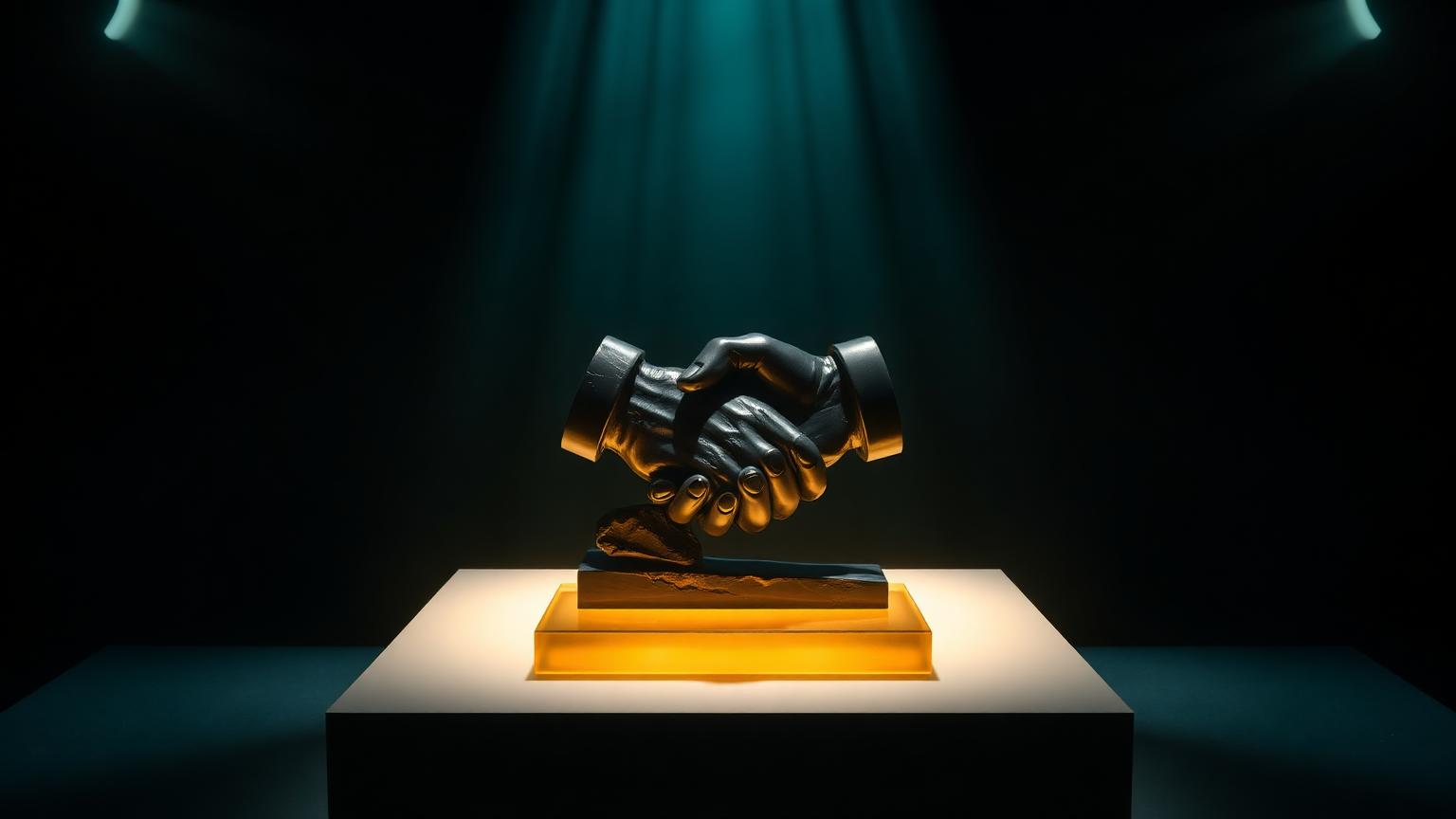 A single obsidian handshake sculpture on a gold-lit plinth in a dark room.