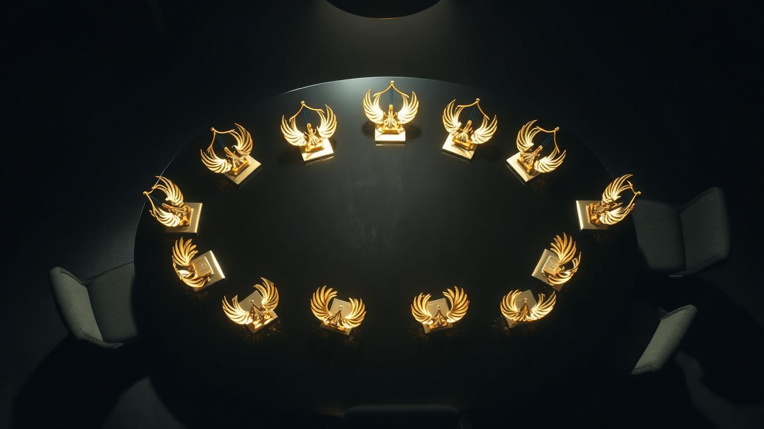 An overhead view of a dark round table ringed by glowing partner crests.