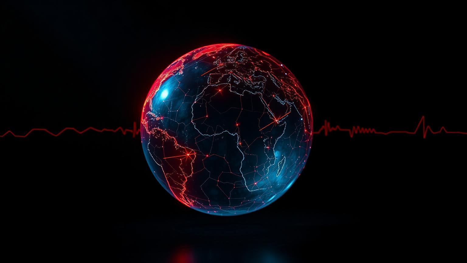 A dark globe overlaid with red warning pulses across every continent.