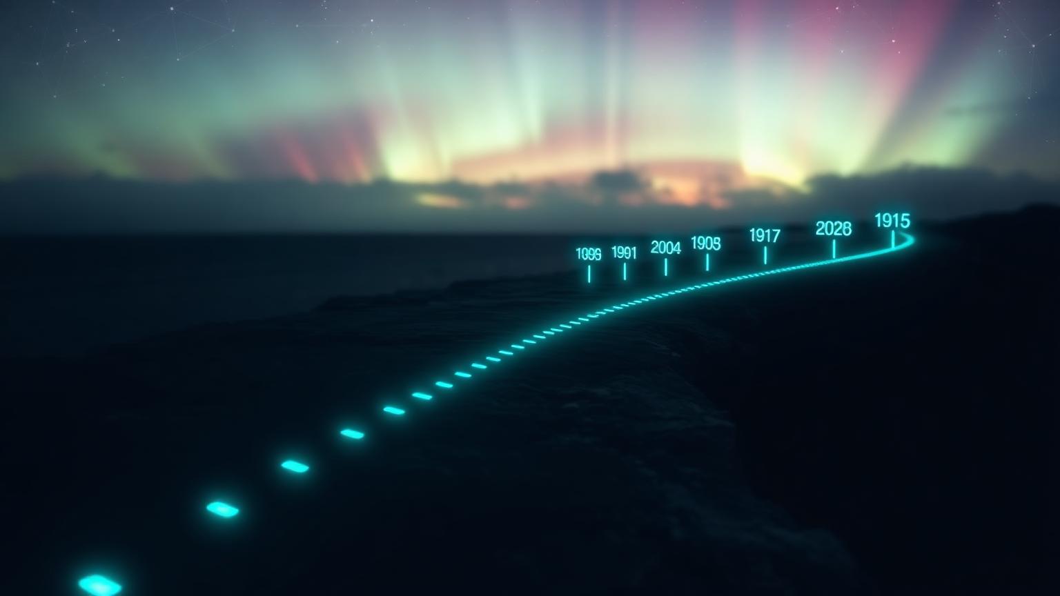 A glowing cyan timeline etched across a black obsidian coastline under an aurora sky.